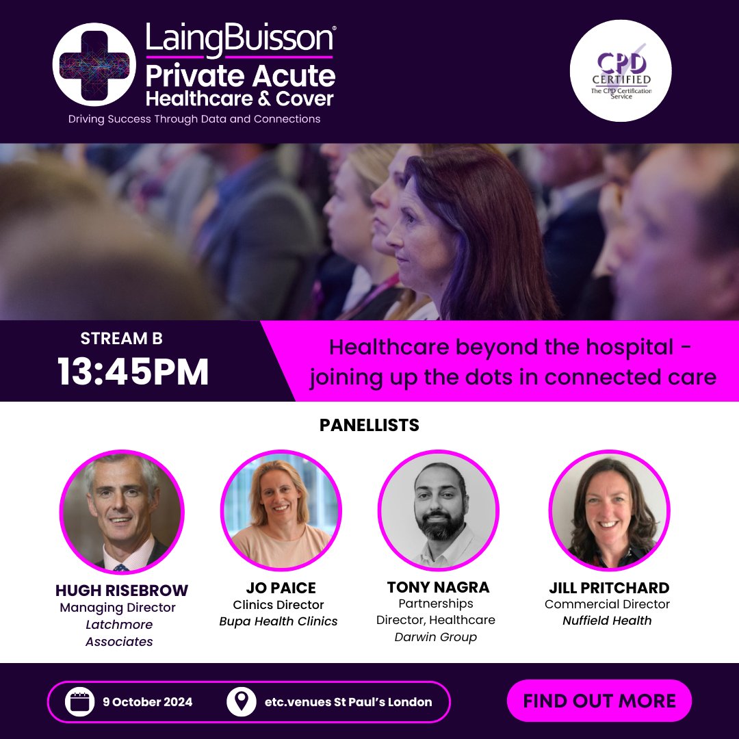 LaingBuisson (@laingbuisson) on Twitter photo Join our Stream B session at 1:45pm to hear speakers from <a href="/darwingroup_ltd/">Darwin Group</a>, Latchmore Associates, <a href="/Bupa/">Bupa</a> and <a href="/NuffieldHealth/">Nuffield Health</a> discuss the impact of expanding care services on patients, hospital groups and insurers.
REGISTER NOW: eu1.hubs.ly/H0ck1Xr0 Join our Stream B session at 1:45pm to hear speakers from <a href="/darwingroup_ltd/">Darwin Group</a>, Latchmore Associates, <a href="/Bupa/">Bupa</a> and <a href="/NuffieldHealth/">Nuffield Health</a> discuss the impact of expanding care services on patients, hospital groups and insurers.
REGISTER NOW: eu1.hubs.ly/H0ck1Xr0