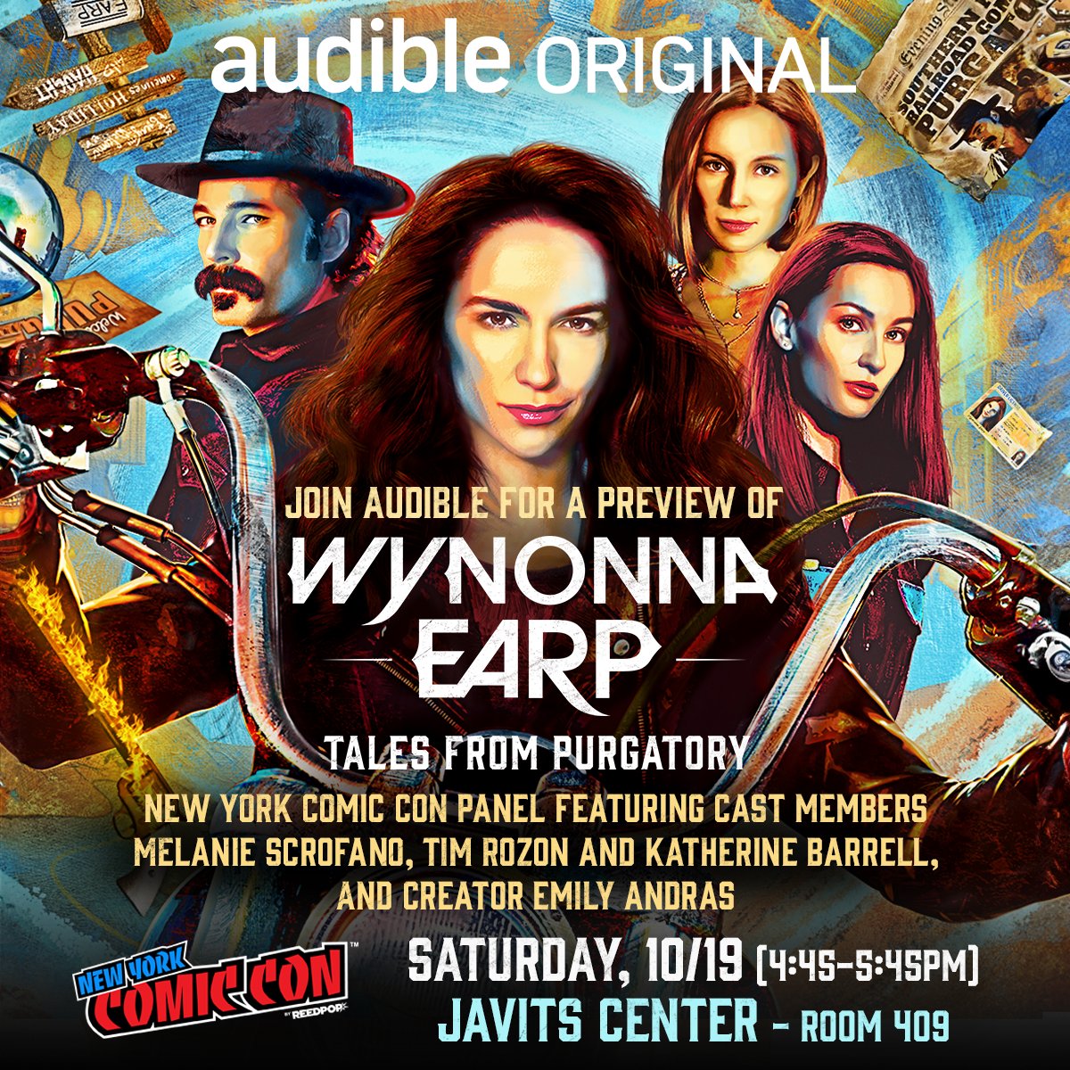 audible_com's tweet photo. Saddle up, #Earpers: the cast of 'Wynonna Earp: Tales from Purgatory’ is coming to @NY_Comic_Con! Join moderator @moryan, creator @emtothea, and cast members @MelanieScrofano, Tim Rozon and @KatBarrell on Sat, Oct. 19 at 4:45PM in room 409. https://t.co/9RYrzd7LD0