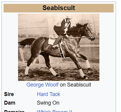 Many horses' names are the combination of the first word of the sire's name and the second word of the dam's name. Imagine if they did that for Seabiscuit