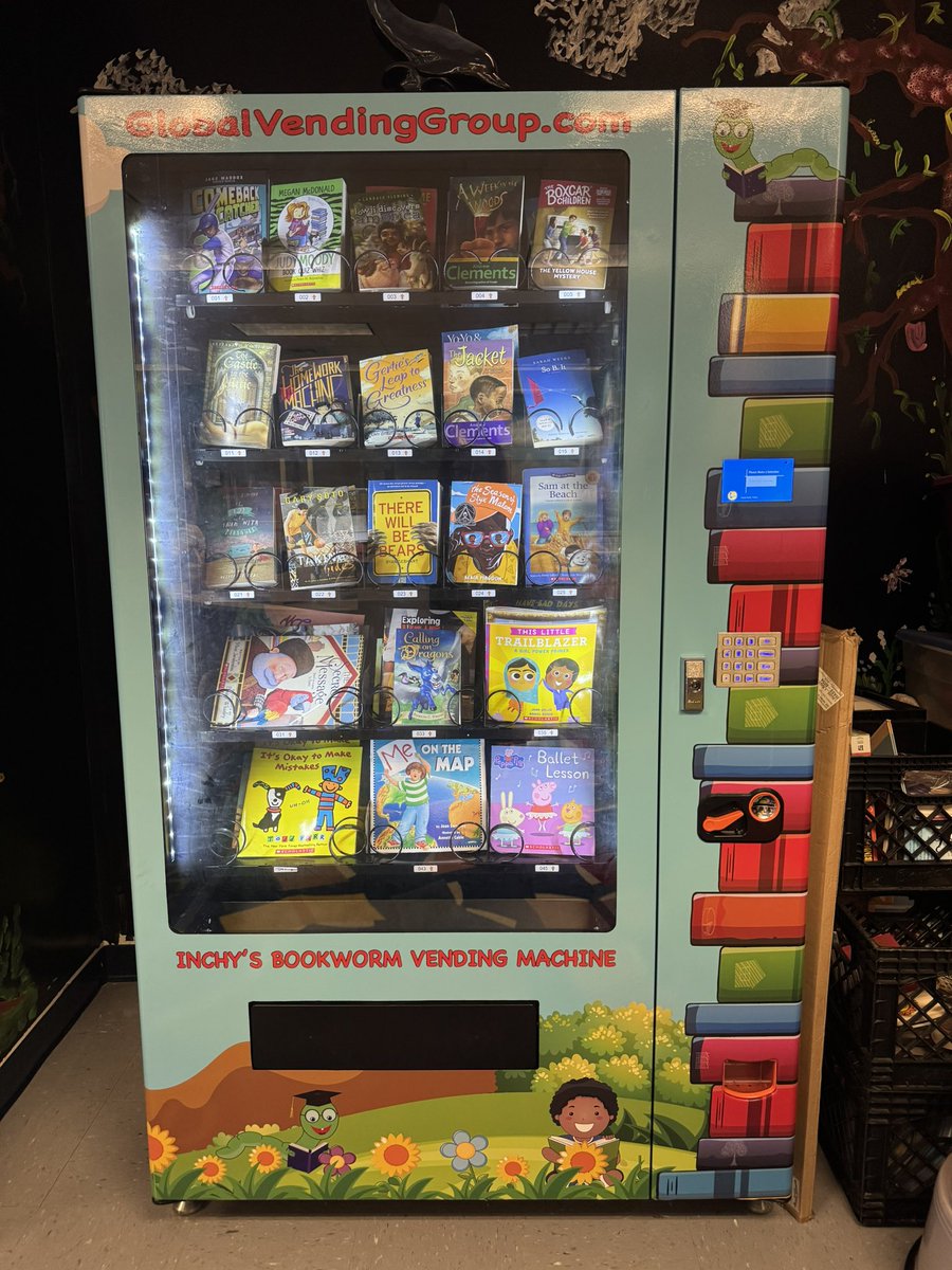 MLEMagnetSchool's tweet photo. We have this awesome book vending machine at our school. Students receive a gold coin from teachers or administration for meeting academic goals. They get to keep the book that they pick out. 📚 https://t.co/ILV7IR5LDo
