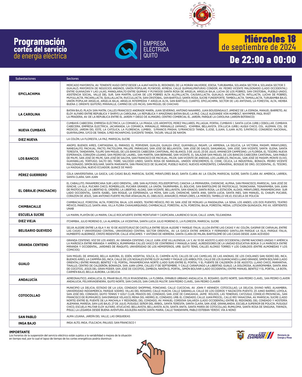 spermaradio_com's tweet photo. 🚨Atención, estos son los #horarios de #corte de luz en #Quito para este miércoles 18 y jueves19 de septiembre de 2024.
Visiten la página de la @ElectricaQuito
#cortedeluzecuador #sinluz #spermaradio #Ecuador #fyp #viral #parati #luz #postviral #Descontrolec #atención #alerta https://t.co/DLooMBhE8K