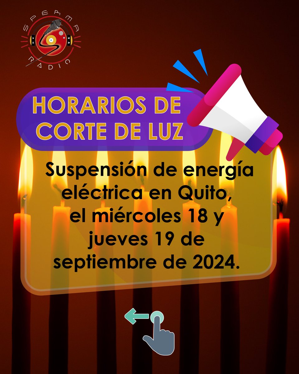 spermaradio_com's tweet photo. 🚨Atención, estos son los #horarios de #corte de luz en #Quito para este miércoles 18 y jueves19 de septiembre de 2024.
Visiten la página de la @ElectricaQuito
#cortedeluzecuador #sinluz #spermaradio #Ecuador #fyp #viral #parati #luz #postviral #Descontrolec #atención #alerta https://t.co/DLooMBhE8K