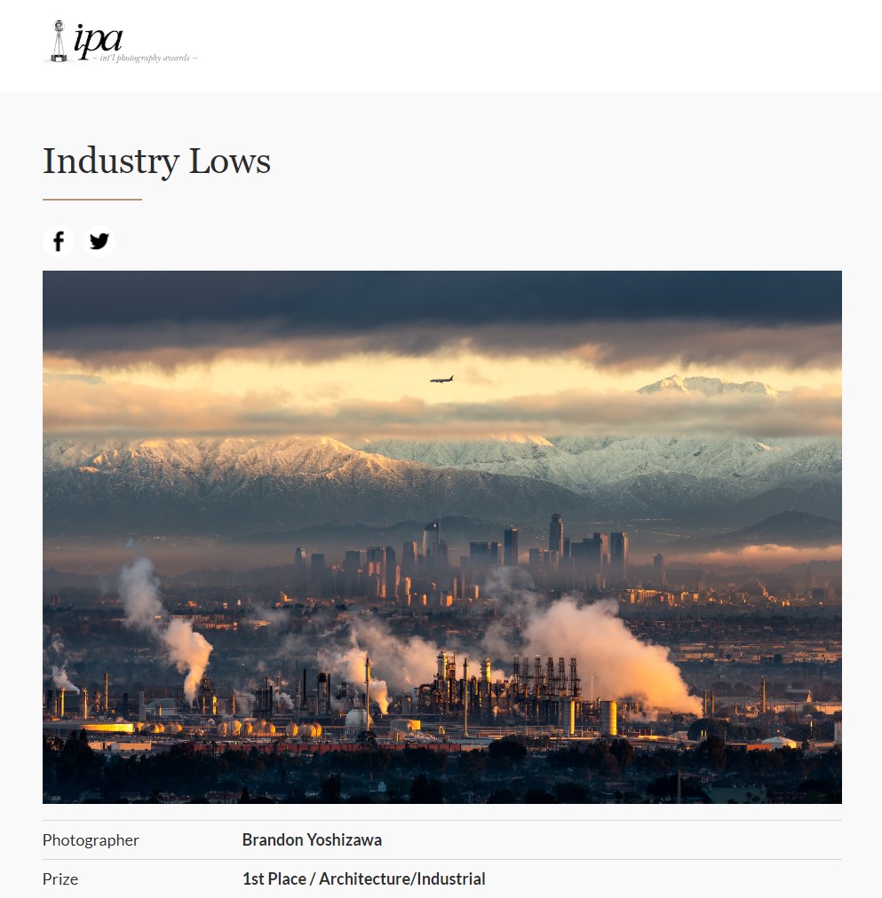 The photo.          vs.             The award

Industry Lows has been awarded 1st place in the Architecture - Industry category of the 2024 IPA photo awards.

One of my favorite photos of Los Angeles.
