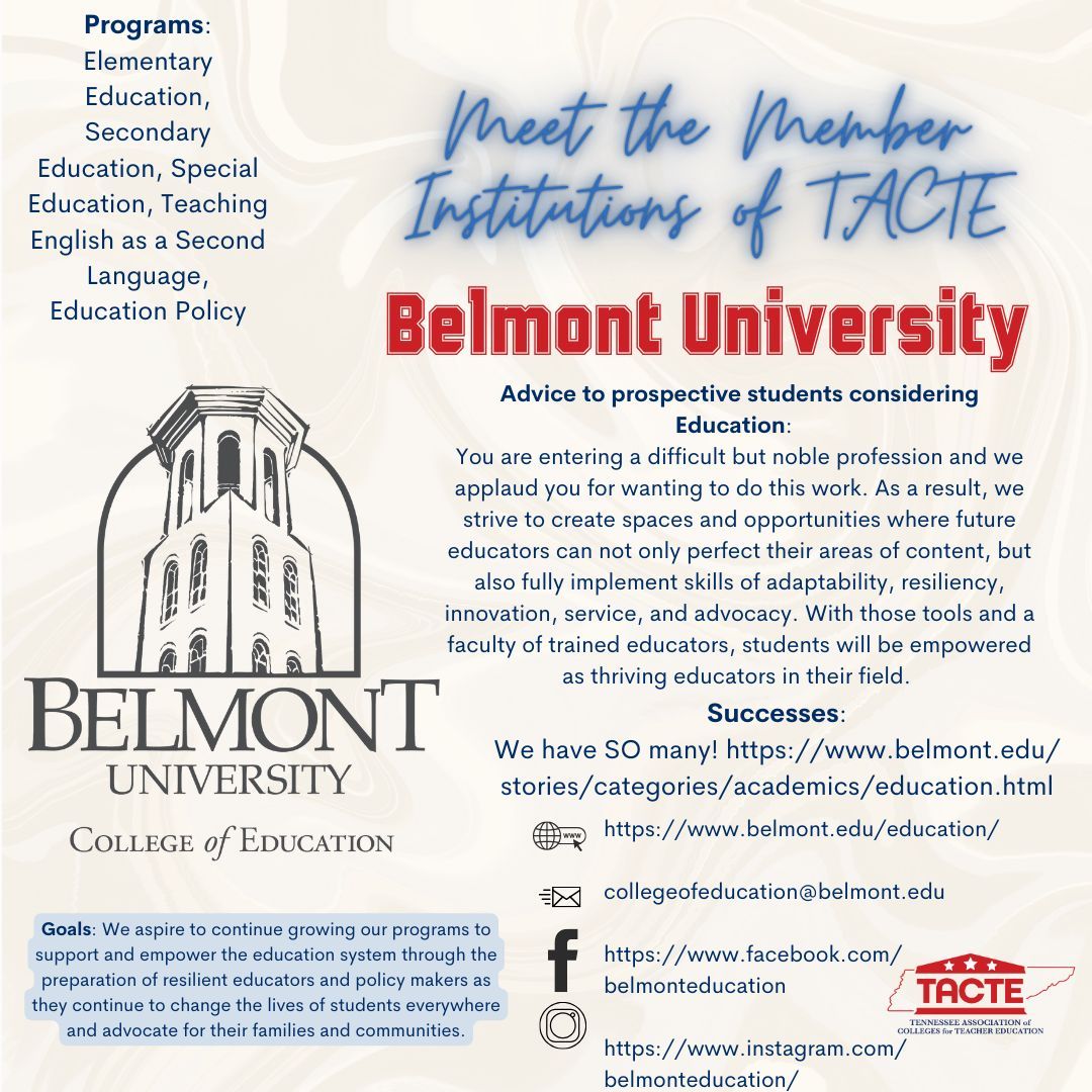 Today's edition of #MeetTheTACTEInstitutions series takes us to Belmont University. Make sure you follow this series if you are a #FutureTeacher in TN to find out about Ed Prep Providers. Find more info about Belmont University at buff.ly/3z0O9fQ