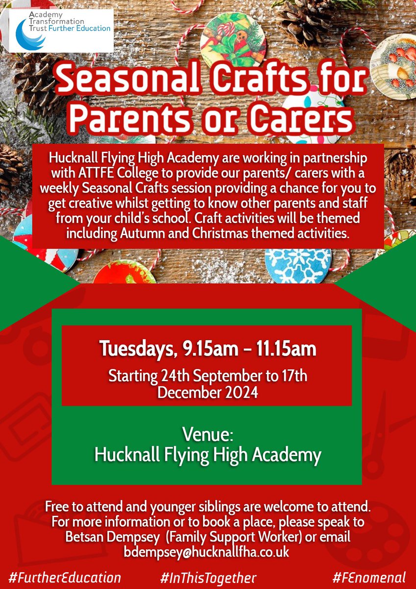 Join us for free, seasonal, craft sessions every Tuesday this term. A chance to meet new parents, chat, craft, and have a biscuit! Book by emailing bdempsey@hucknallfha.co.uk ☺️