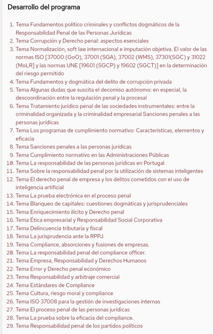 Curso que tendrá lugar entre el 13 y el 25 de enero de 2025.  “Derecho Penal Económico y Compliance Penal”. Edición 54 de los cursos de postgrado de la Universidad de Salamanca. Nuevos temas y profesorado. 

Información del curso en: ced.usal.es/derecho-penal-…