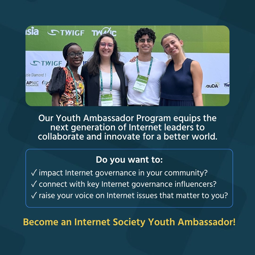 internetsociety's tweet image. Applications for our Youth Ambassador Program are OPEN until 8 October!!

Are you passionate about Internet governance and innovating for a better world? Want to make an impact in your community, attend events, and build your network?

Apply today: ow.ly/IU2O50TqexE