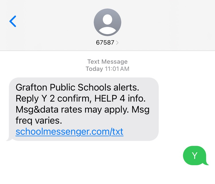 Please respond "Y" to this message to receive text message alerts from the school.
