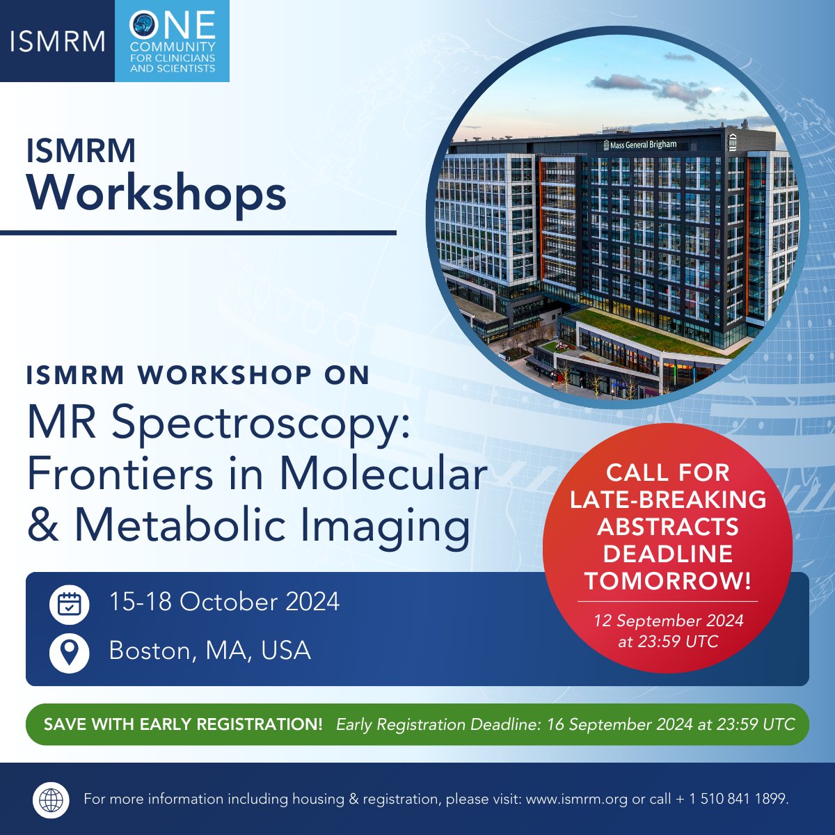 WORKSHOP WEDNESDAY
Get ready for the ISMRM Workshop on MR Spectroscopy:
15-18 October 2024 | Boston, MA, USA

Don't wait - Register now!  ow.ly/MZha50SX3JX

#ISMRM #ISMRT #MRI #MagneticResonance #MR #MedicalImaging #MREducation #MRSpectroscopy
