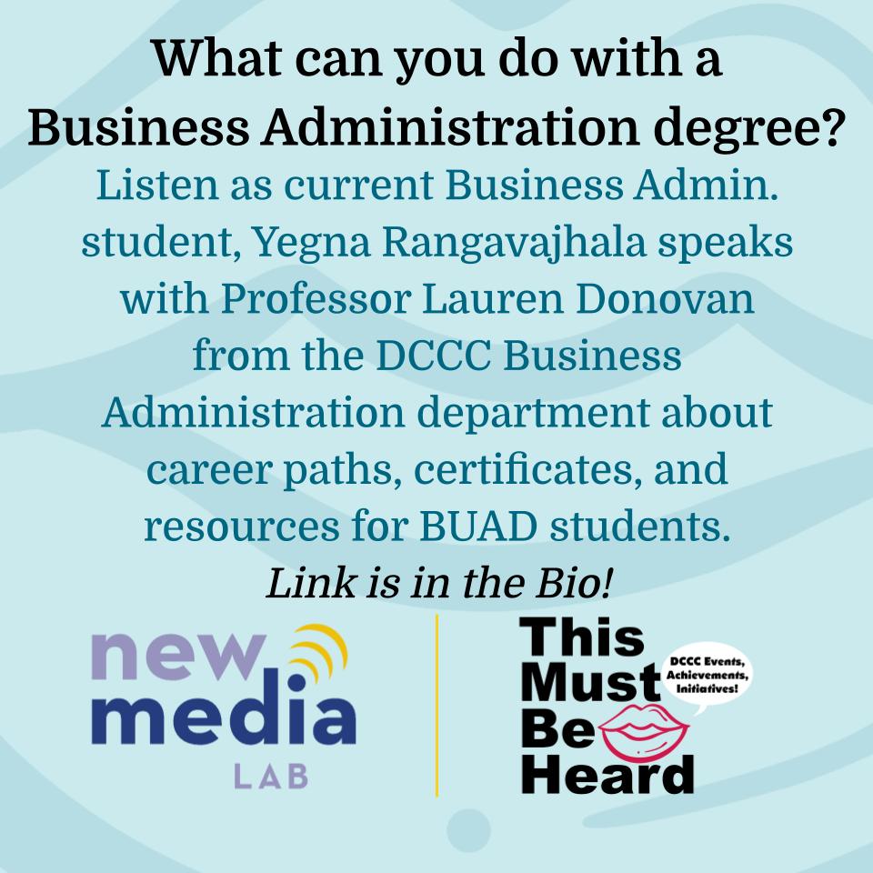 DCCCNewMediaLab's tweet photo. We have a new TMBH episode out! We spoke to Professor Lauren Donovan about how you can use your Business Administration degree and resources to use through your Canvas Portal.

Please like, comment, and subscribe to us on YouTube. 
Link is in the bio! #NML #DCCC #BUAD https://t.co/rVuY4ktTAw