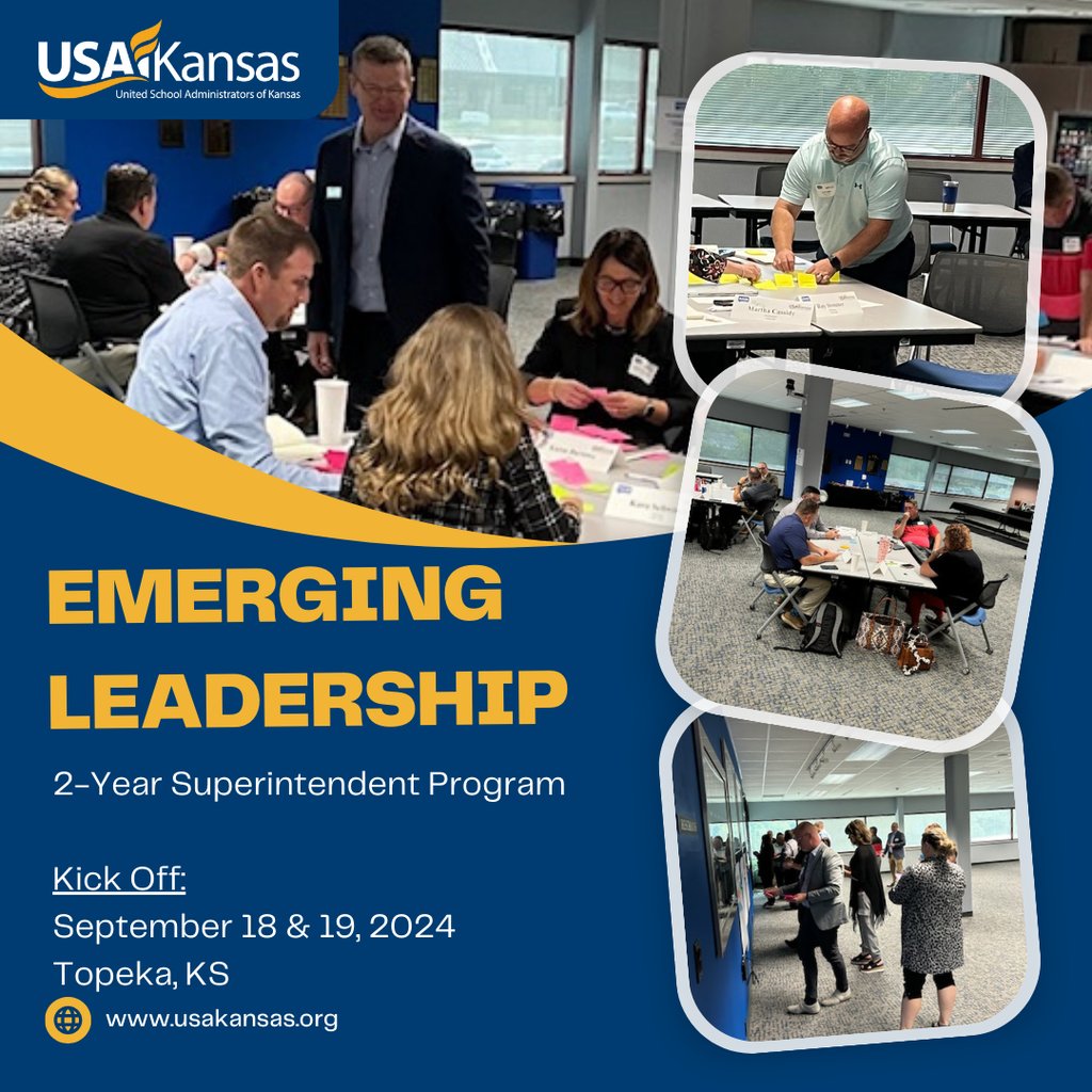 USAKansas's tweet photo. Our KEDS program is kicking off with day 1 of the Emerging Leaders program. 21 Superintendents  will work together for the next 2 years growing their own leadership capacity. Professional learning never stops! #edleadershipmatters https://t.co/iq7r0q9Fxn