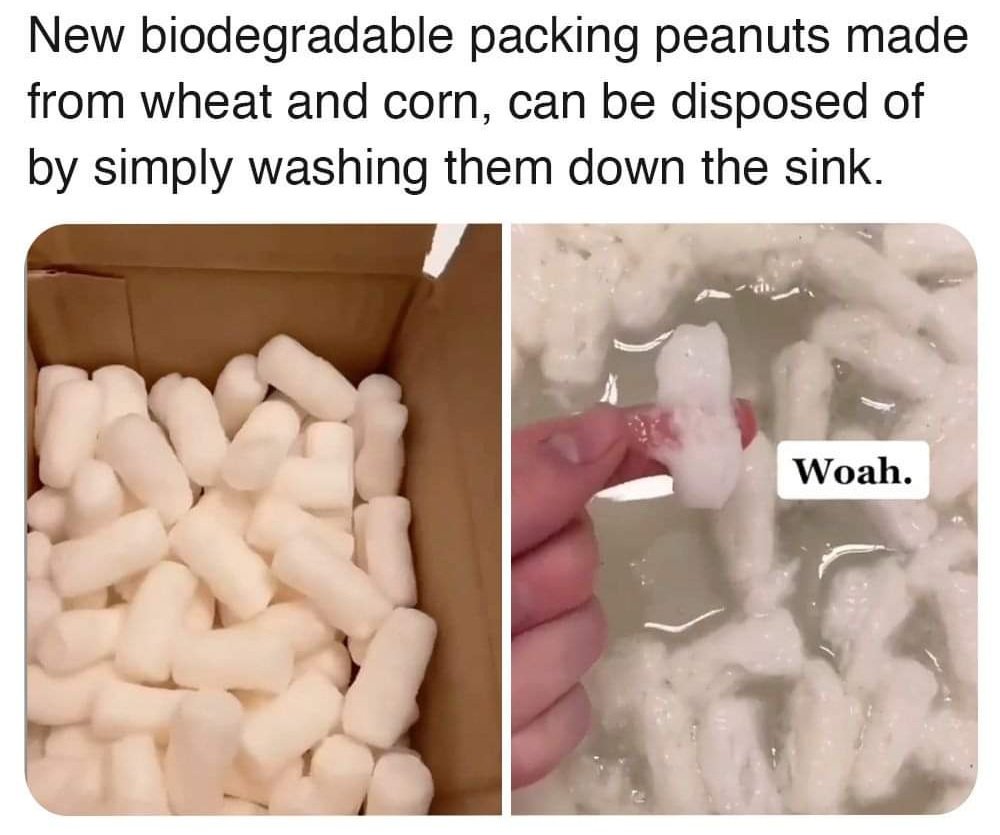 Biodegradable packing peanuts are made from naturally derived starches like wheat and cornstarch. Entirely plant-based, biodegradable packing materials. #sustainable #greenchem