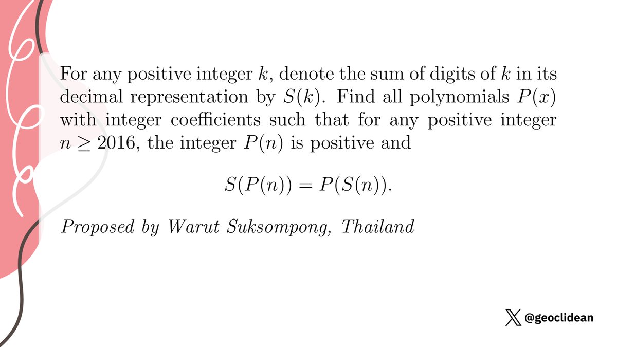 geoclidean's tweet photo. Integer polynomial commutes with sum of digits
#NumberTheory #IMOShortlist #Polynomial #FunctionalEquation #SumOfDigits https://t.co/RCungnjXee