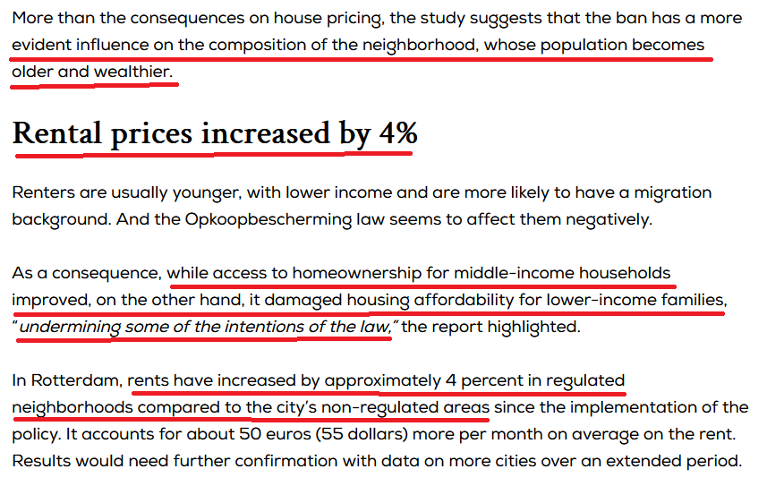 1/3. BRUTAL, en efecto.
La realidad se impone BRUTALMENTE.
Un estudio empírico muestra que esta medida (prohibición de comprar vivienda para invertir) ha incrementado:
- Las rentas del alquiler. 
- La gentrificación.
- Las dificultades de alquilar para las clases menos pudientes.