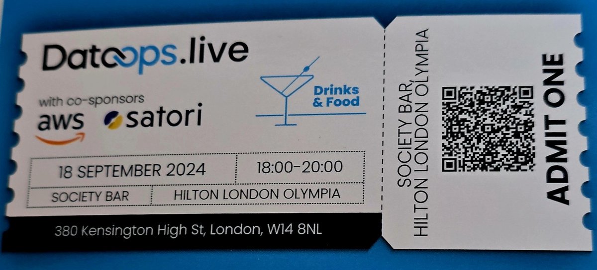 jmarchese's tweet image. Come enjoy great food and drink with @DataOpslive &amp;amp; #Satori this evening!  Wednesday Oct 18 6pm to 8pm at the Hilton Olympia, just 3 min walk down 380 Kensington High St

dataops.live/bigdataldn-dri…

#DataOpsLive #Satori #AWS