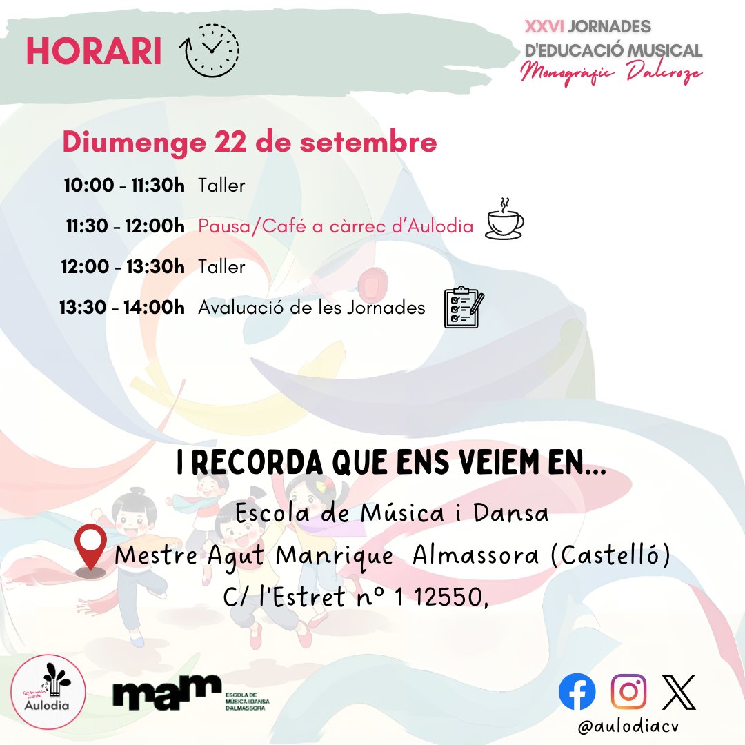 Aulodia (@aulodiacv) on Twitter photo Ací està l'horari d'aquest cap de setmana. Ja ho tens tot preparat per a les Jornades? Si has realitzat la inscripció, hauràs rebut un correu amb tots els detalls. Ja queda menys! Ens veiem em <a href="/em/">ʇɹɥɐW uıɯƎ ⚡Emin Mahrt</a>.mestreagut aquest dissabte 🎶
#XXVIJornadesEducacióMusical #MonogràficDalcroze Ací està l'horari d'aquest cap de setmana. Ja ho tens tot preparat per a les Jornades? Si has realitzat la inscripció, hauràs rebut un correu amb tots els detalls. Ja queda menys! Ens veiem em <a href="/em/">ʇɹɥɐW uıɯƎ ⚡Emin Mahrt</a>.mestreagut aquest dissabte 🎶
#XXVIJornadesEducacióMusical #MonogràficDalcroze