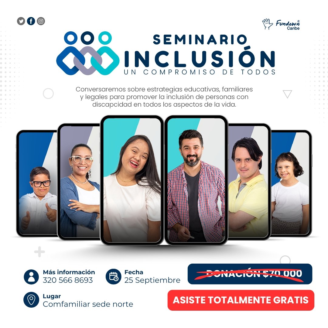 Participa TOTALMENTE GRATIS en el seminario “#Inclusión, un compromiso de todos”, un espacio de reflexión y acción encaminado al abordaje de temáticas sobre educación, familia y capacidad legal de las personas con #discapacidad.
¡Cupos limitados! 

#SeminarioFundownCaribe