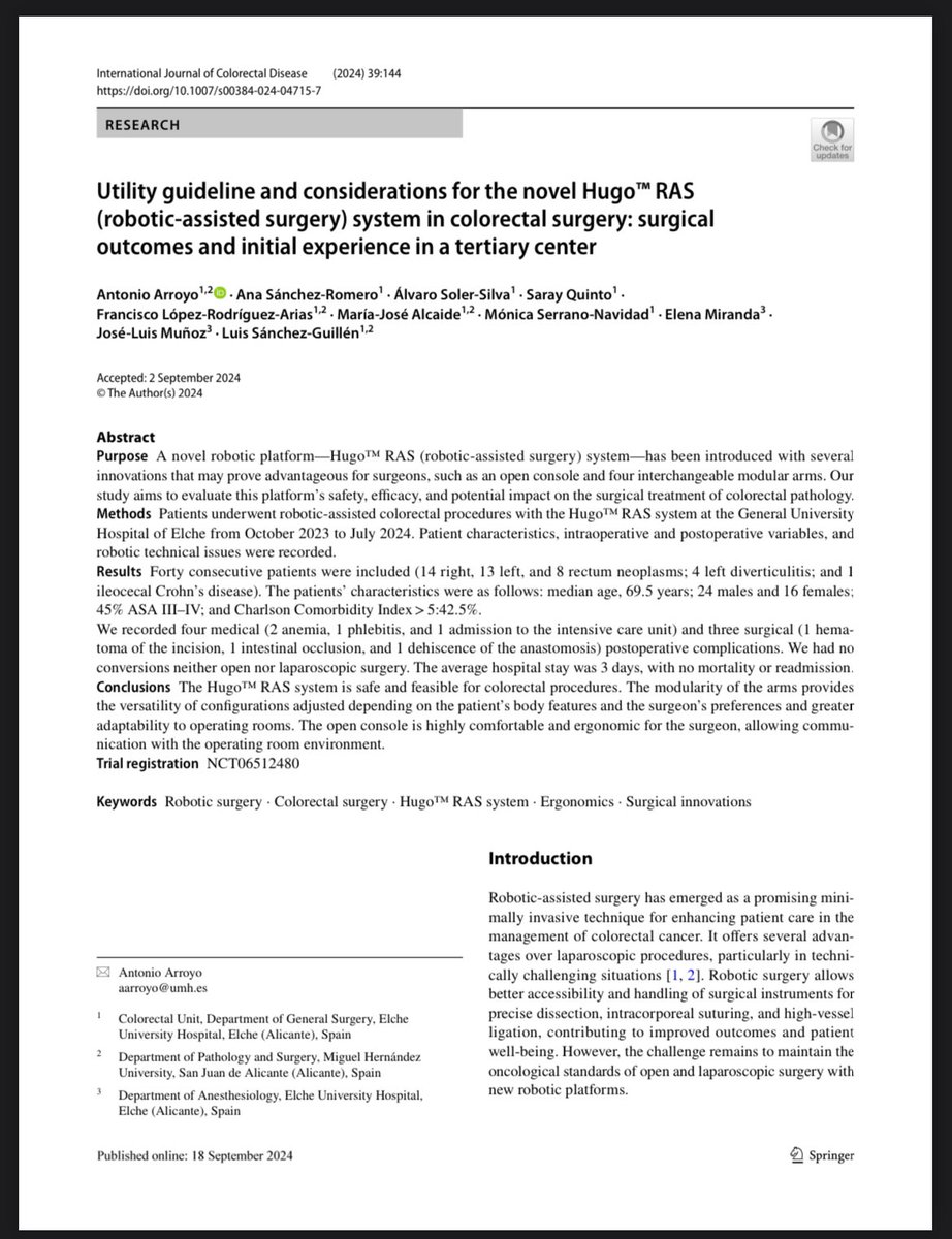 Luis Sánchez-Guillén (@luissanchezglln) on Twitter photo 🤖Utility guideline and considerations for the novel Hugo RAS (robotic‐assisted surgery) system <a href="/MedtronicES/">Medtronic España</a>
In the era of the worldwide implementation of #roboticsurgery some recommendations about this new platform for novel groups 📕
link.springer.com/content/pdf/10… 🤖Utility guideline and considerations for the novel Hugo RAS (robotic‐assisted surgery) system <a href="/MedtronicES/">Medtronic España</a>
In the era of the worldwide implementation of #roboticsurgery some recommendations about this new platform for novel groups 📕
link.springer.com/content/pdf/10…