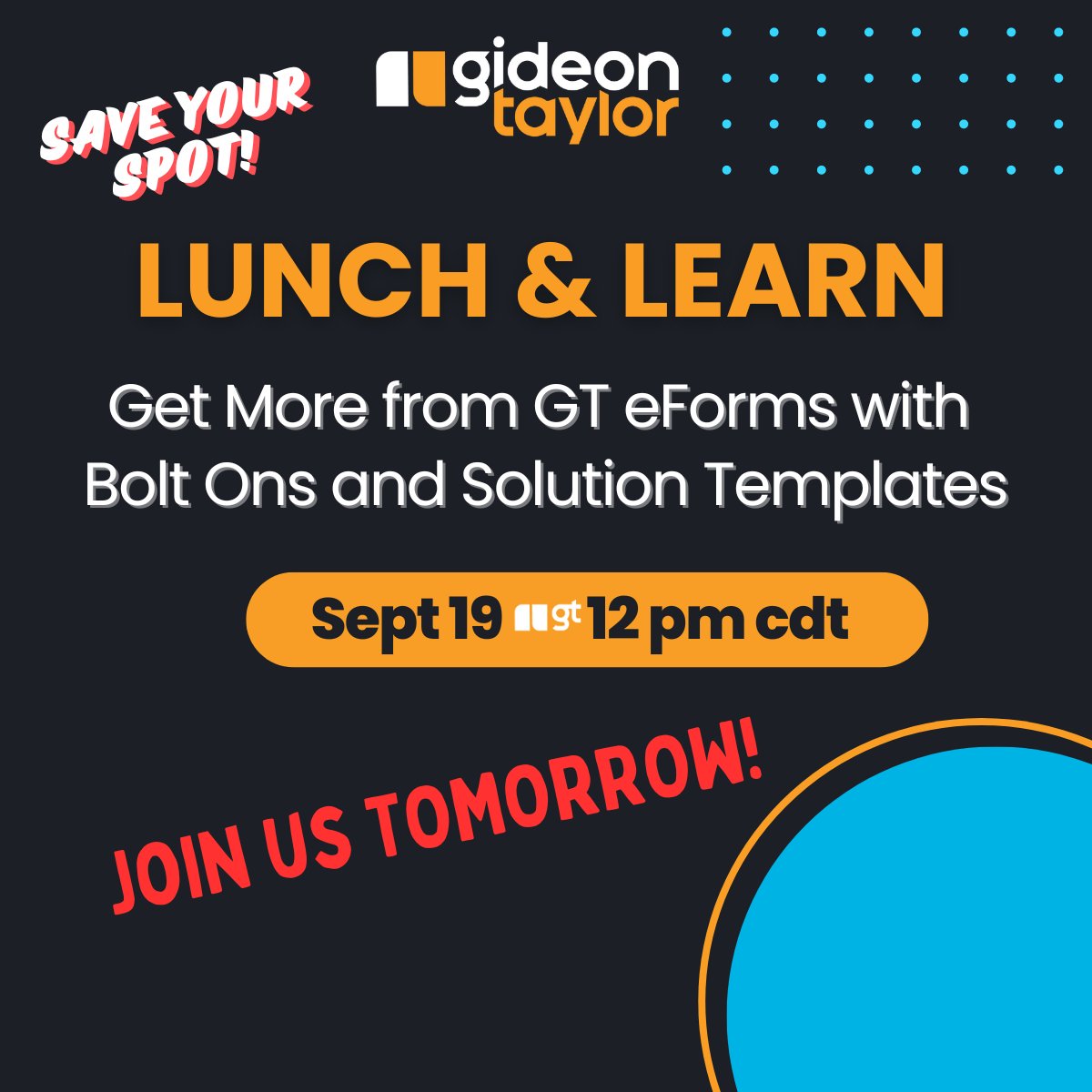 IntraSee's tweet photo. Join us tomorrow (9/19) for this all-new webinar about getting more from GT eForms™ using Bolt Ons and Solution Templates. Save your spot!

https://t.co/ui5xc9saur

See you there! https://t.co/yFwpertH75