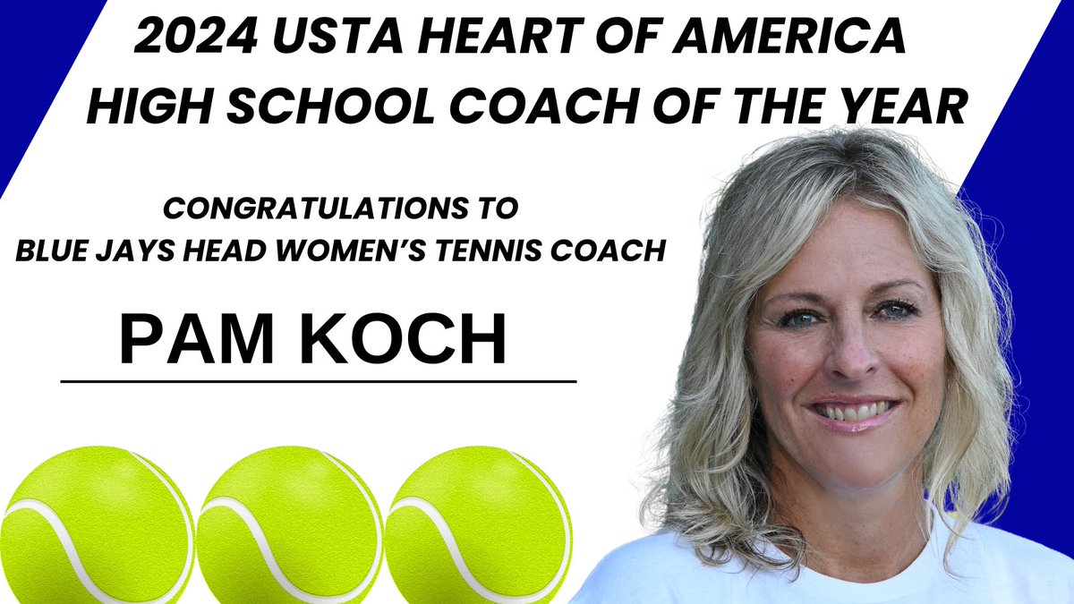LHSBlueJays's tweet photo. HUGE shout out to Head Women’s Tennis Coach Pam Koch!!  Coach Koch was named the 2024 United States Tennis Association’s (USTA) Heart of America Coach of the Year!!!  Coach Koch will formally be recognized at an awards ceremony in early November!  Congrats Coach, MUCH deserved! https://t.co/MBI7rH0hc9