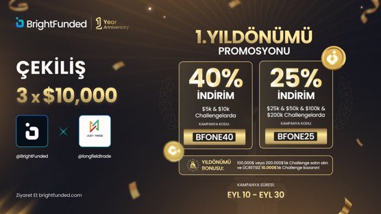Longfield.BOTRADEX (@longfieldtrade) on Twitter photo 1. YIL DÖNÜMÜ ÇEKİLİŞİ
BrightFunded'ın 1. Yıldönümü ve inanılmaz %40'A KADAR İNDİRİM Promosyonu şerefine bir ÇEKİLİŞ düzenliyoruz! BrightFunded, sektörün En Hızlı Ödemeleriyle bilinen Prop Firmasıdır! 🎉
3 x 10.000 $ ÇEKİLİŞİ
1. <a href="/BrightFunded/">BrightFunded</a>'ı takip edin <a href="/BrightFundedTR/">BrightFunded - Türkiye</a> 1. YIL DÖNÜMÜ ÇEKİLİŞİ
BrightFunded'ın 1. Yıldönümü ve inanılmaz %40'A KADAR İNDİRİM Promosyonu şerefine bir ÇEKİLİŞ düzenliyoruz! BrightFunded, sektörün En Hızlı Ödemeleriyle bilinen Prop Firmasıdır! 🎉
3 x 10.000 $ ÇEKİLİŞİ
1. <a href="/BrightFunded/">BrightFunded</a>'ı takip edin <a href="/BrightFundedTR/">BrightFunded - Türkiye</a>
