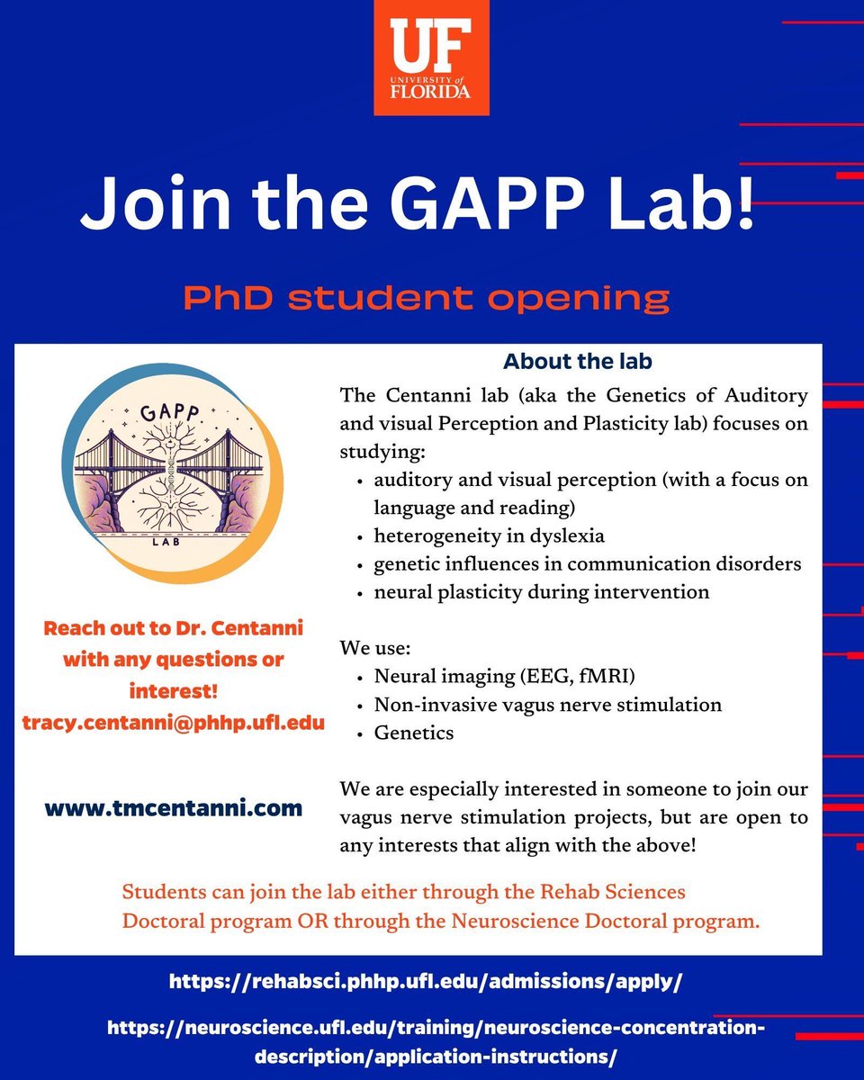 tmcentanni's tweet image. Are you considering a PhD? Interested in neural plasticity and/or language and reading acquisition? I will be reviewing applications this cycle through rehab sciences and neuroscience. I’ll also be attending @SNLmtg in Brisbane- happy to meet for coffee and discuss!!