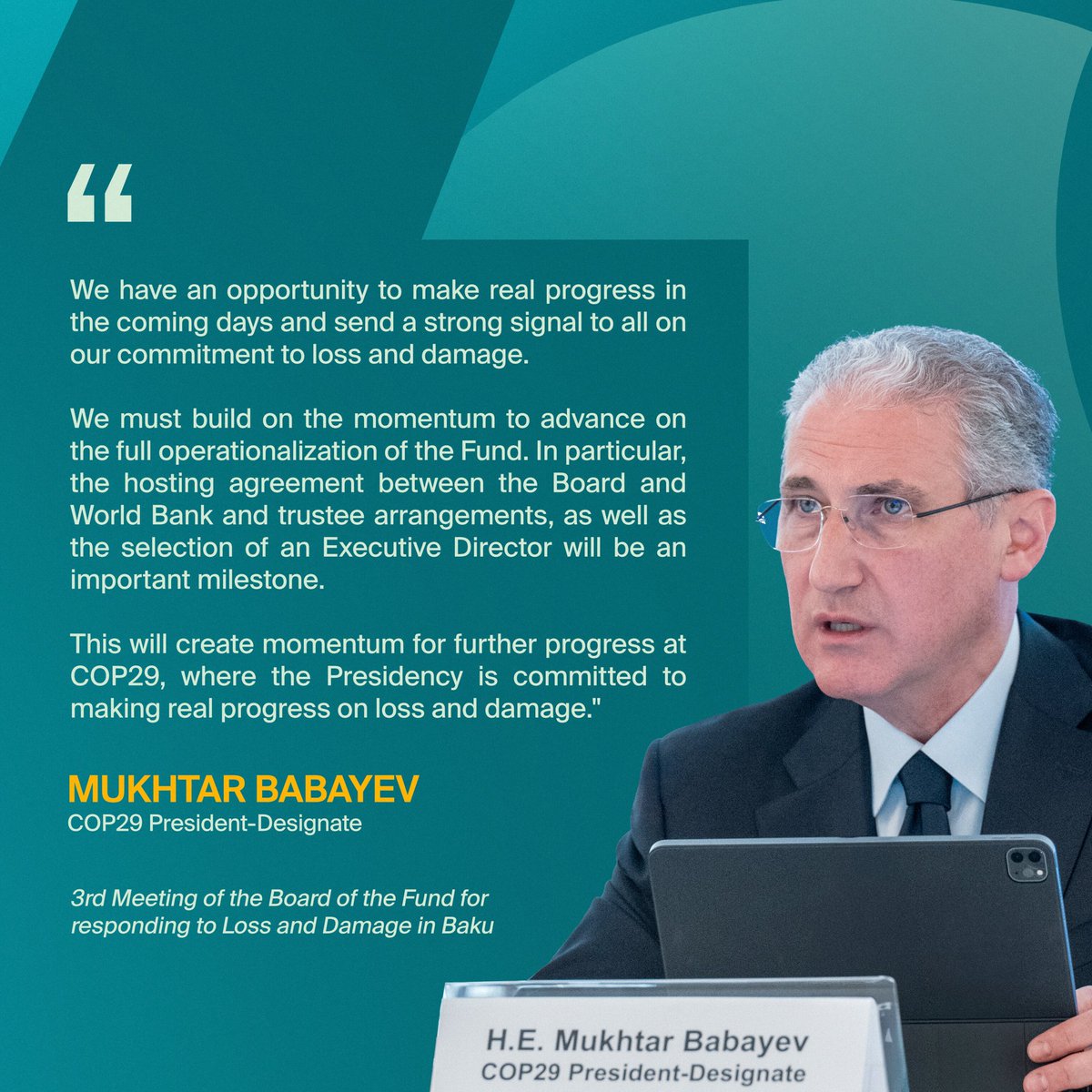 COP29_AZ's tweet photo. COP29 President-Designate Mukhtar Babayev addressed the Third Meeting of the Board of the Fund for Responding to Loss and Damage in Baku, sharing expectations for the key milestones to be accomplished during the three-day meeting.

#COP29 #COP29Azerbaijan https://t.co/POjCbngL1Z