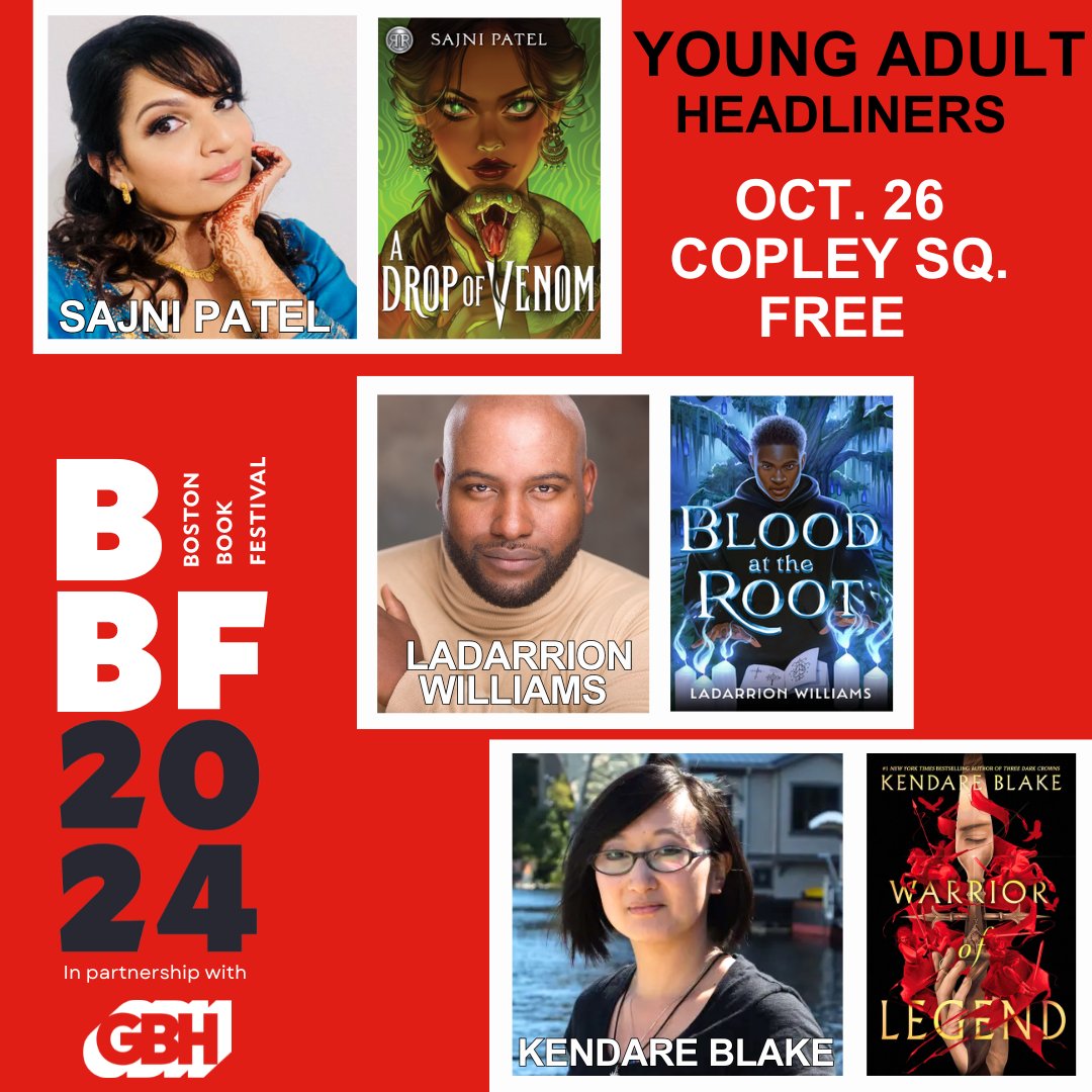 Boston Book Festival (@bostonbookfest) on Twitter photo Drumroll please! 🥁 Our Young Adult Headliners!
#bostonbookfestival #bbf #youngadult #yalit #litfest #copleysquare #bostonevents <a href="/GBH/">GBH</a> <a href="/SajniPatelBooks/">✨Sajni Patel✨Preorder A TOUCH OF BLOOD!</a> <a href="/ItsLaDarrion/">LaDarrion Williams</a> <a href="/KendareBlake/">Kendare Blake</a> Drumroll please! 🥁 Our Young Adult Headliners!
#bostonbookfestival #bbf #youngadult #yalit #litfest #copleysquare #bostonevents <a href="/GBH/">GBH</a> <a href="/SajniPatelBooks/">✨Sajni Patel✨Preorder A TOUCH OF BLOOD!</a> <a href="/ItsLaDarrion/">LaDarrion Williams</a> <a href="/KendareBlake/">Kendare Blake</a>