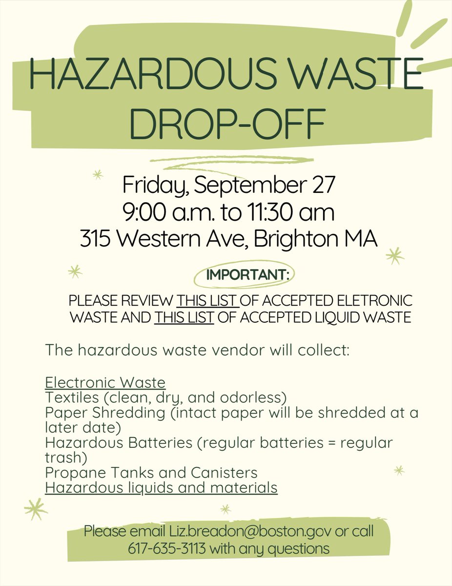 Hazardous Waste Drop Off! Please review the list of accepted electronic and liquid waste: boston.gov/departments/pu… 
#boston #allstonbrighton #hazardouswaste
