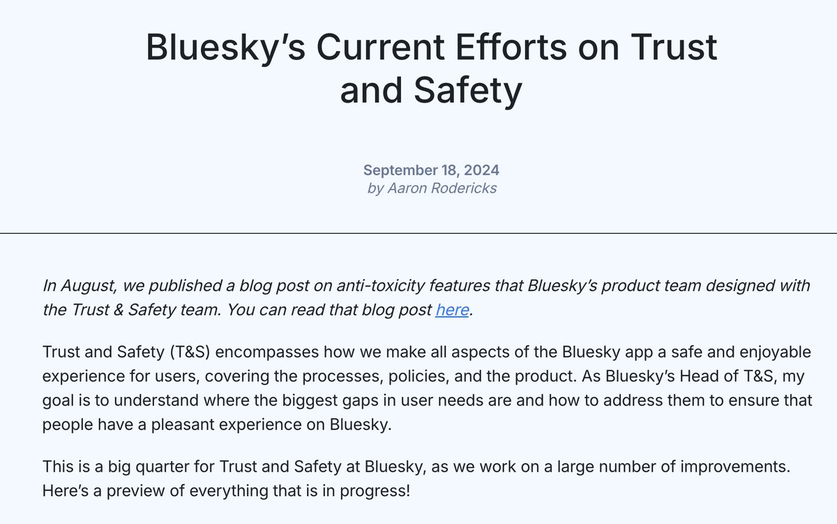 bluesky's tweet photo. without intentional effort, the internet becomes slop, and we don't want that on bluesky

some ongoing projects:
• ban evasion &amp; multi-account detection
• toxicity &amp; spam detection
• sending feedback on reports you submit
• much more!

read here: https://t.co/WH9SWiXDmz https://t.co/JGrYR5DbfQ