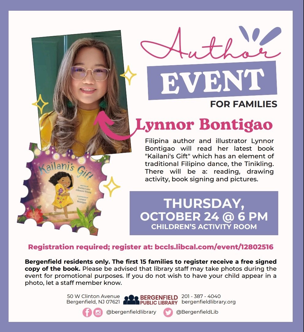 SAVE THE DATE! 10/24 6PM FREE Event (must register) at Bergenfield Public Library. I'll be reading, drawing, &amp; signing KAILANI'S GIFT by <a href="/DorinaGilmore/">Dorina Lazo Gilmore-Young - author & speaker</a>, author of the well-loved CORA COOKS PANCIT.
First 15 Bergenfield residents to register will receive a signed copy! Kitakits!