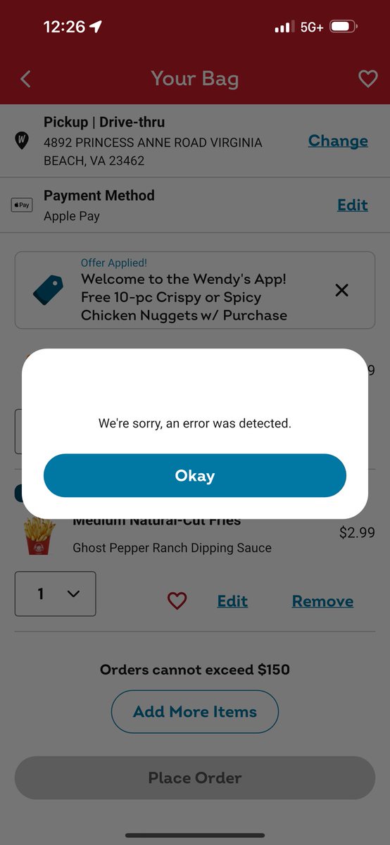 mr0se13's tweet photo. @Wendys app won’t let me checkout no matter what payment option I try 😕 just trying to get some lunch https://t.co/6ygQZZcI3I
