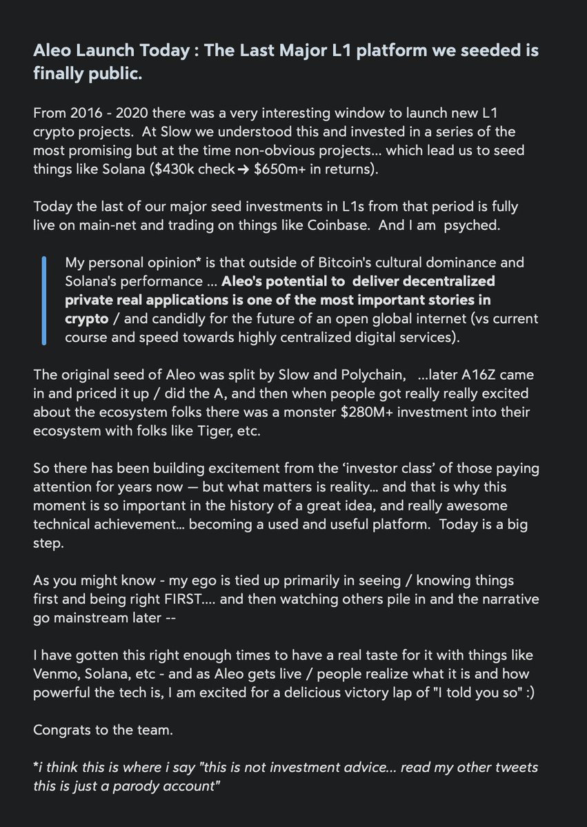 Aleo Launch Today: The Last Major L1 platform we seeded is finally public.