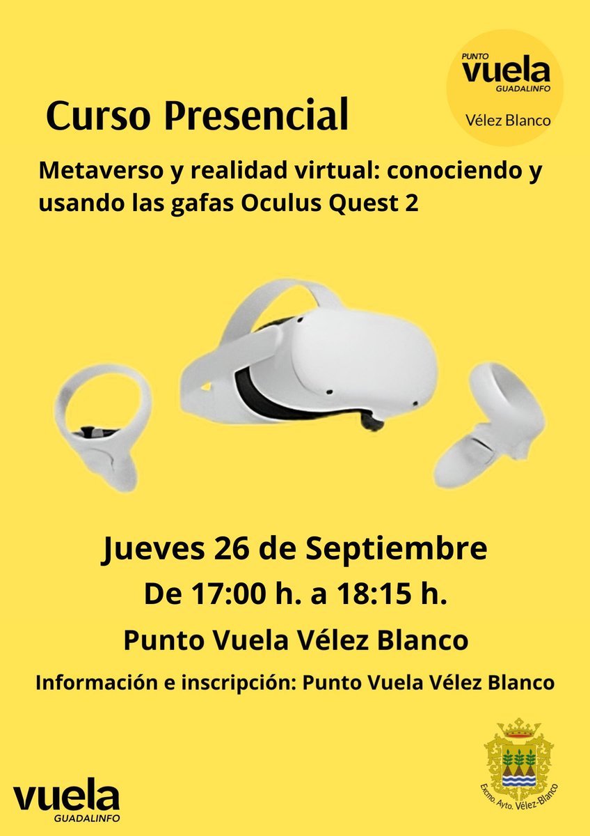 gvelezblanco's tweet photo. 💥 Curso Presencial: Metaverso y Realidad Virtual 💥

🔍 ¿Te interesa el mundo del Metaverso? ¿Quieres probar la experiencia con las gafas Oculus Quest 2? ¡Esta es tu oportunidad!

🗓 Jueves, 26 de Septiembre
⏰ De 17:00 h a 18:15 h
📍 Punto Vuela Vélez Blanco https://t.co/BuQ4YAvNm9