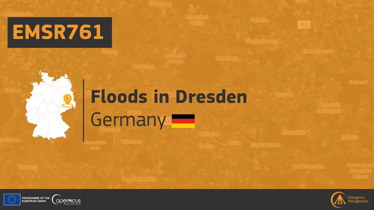 CopernicusEMS's tweet photo. As severe flooding continues to affect Central and Eastern Europe, our #MappingTeam has been activated once again in relation to the #floods 🌊 in #Germany 🇩🇪

The Team has been tasked to monitor its consequences in #Dresden (#EMSR761)

Updates soon at👇
https://t.co/v2TaJEVbXz https://t.co/JyBTlDuVGJ