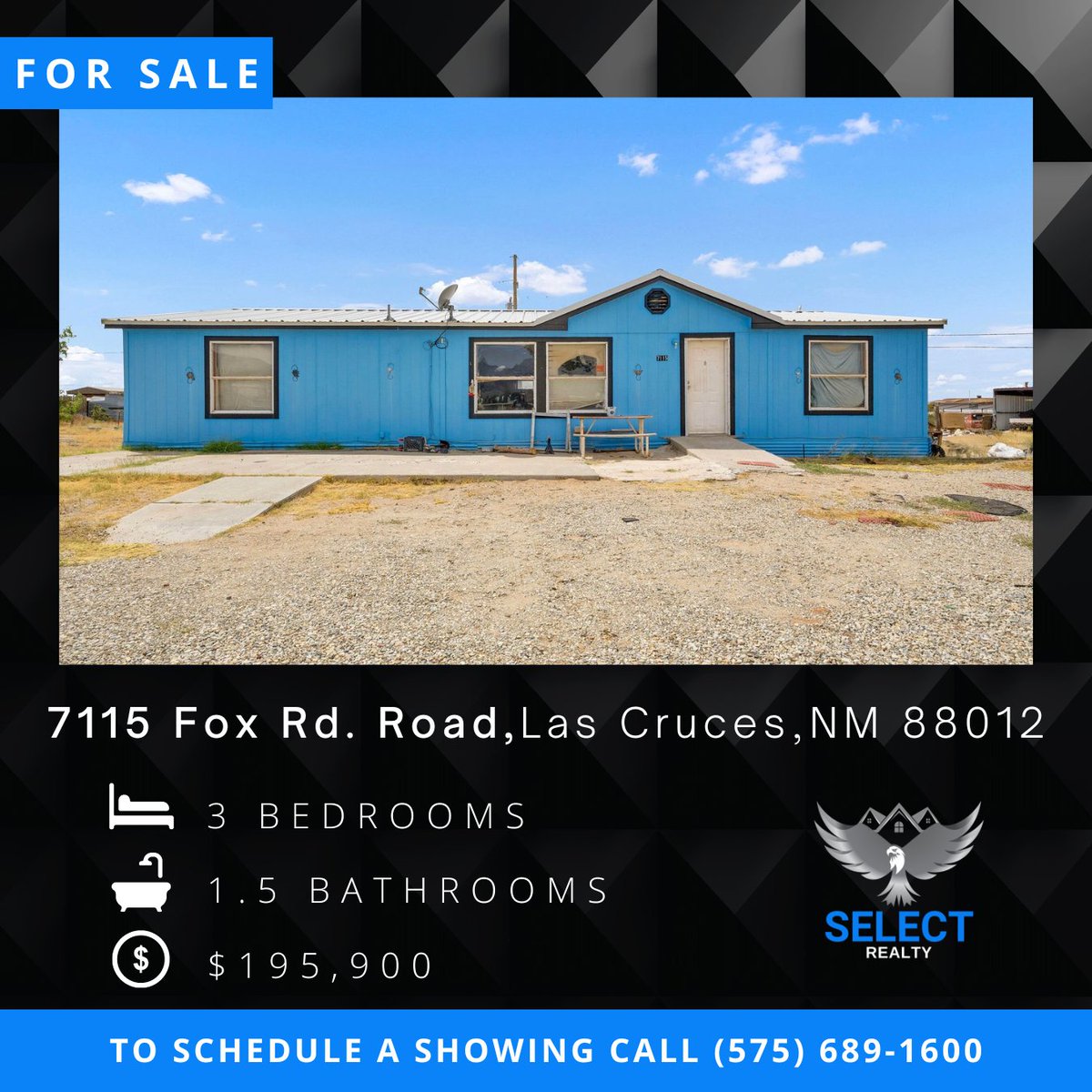 SelectRealtyLC's tweet image. 🏡 New Listing! 🏡
📍 7115 Fox Rd, Las Cruces, NM
💰 $195,900

Looking for space &amp;amp; views? This 3-bed, 2-bath manufactured home on 1.03 acres has it all! 

Ready to make it yours? 🗝️ Don’t wait—schedule a tour today! 
(575) 689-1600

List Agent: Dianna A Lueras Lic# REC-2022-0210