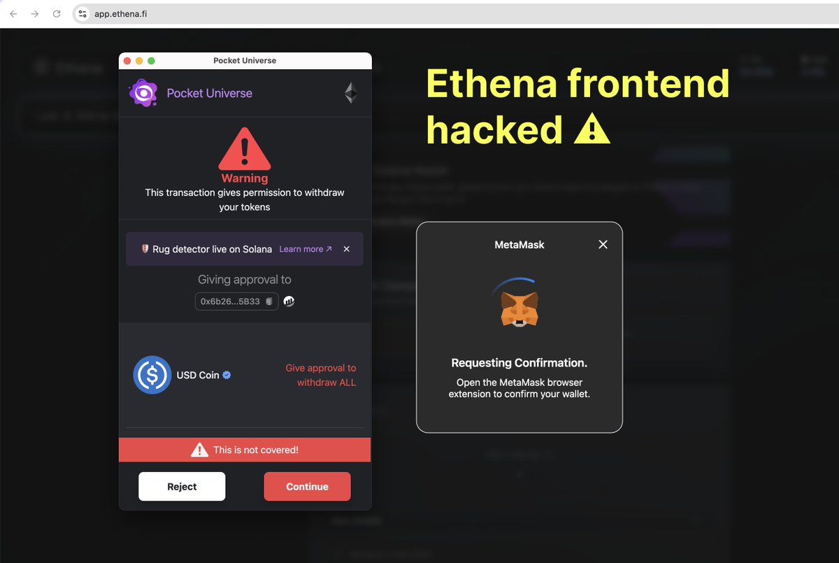 Pocket Universe ๐ฃ (@pocketuniversez) on Twitter photo We've detected a frontend hack on <a href="/ethena_labs/">Ethena Labs</a>'s official website
It requests phishing transactions to steal your tokens
Stay safe and let your friends know ๐ซก We've detected a frontend hack on <a href="/ethena_labs/">Ethena Labs</a>'s official website
It requests phishing transactions to steal your tokens
Stay safe and let your friends know ๐ซก