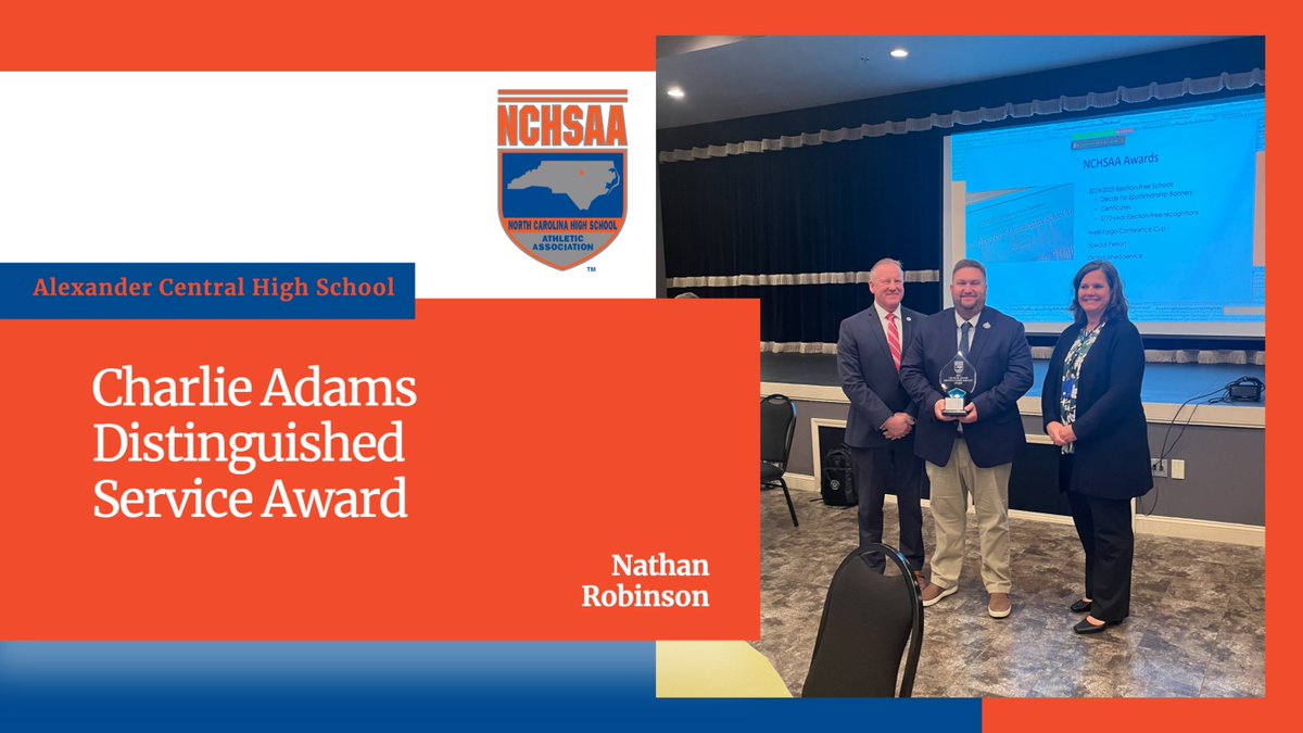 Congratulations to Nathan Robinson from Alexander Central High School for receiving the Region 7 NCHSAA Charlie Adams Distinguished Service Award! Your dedication and service to our community are truly inspiring. Well deserved!  

#NCHSAA #BetterTogetherSicnce1913