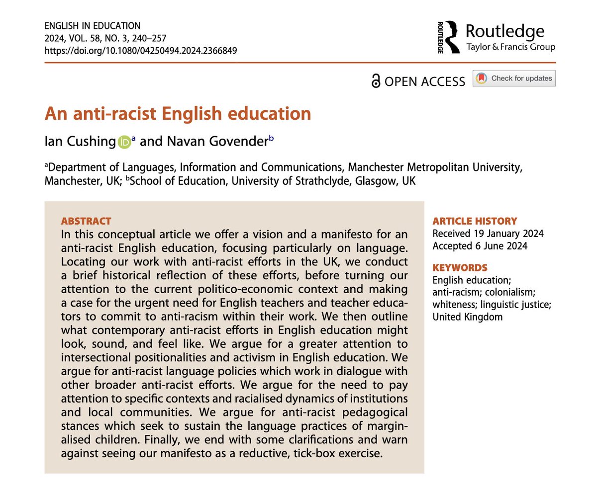 here is mine and @navangovender1's manifesto for an anti-racist English education in the UK, which probes how schools might become critical sites for radically reimagining and reinventing language and literacy education 🔓
doi.org/10.1080/042504…