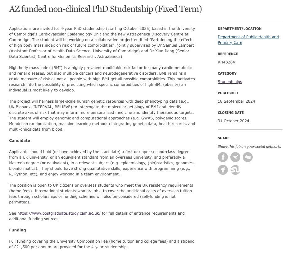 Sam Lambert (@iamslambert) on Twitter photo Interested in a 4-year PhD studying the genetics of BMI and comorbidities? Don't wait, apply for my <a href="/AstraZeneca/">AstraZeneca</a>-funded studentship w/ <a href="/MikeXiao_JIANG/">Xiao JIANG</a> ๐: jobs.cam.ac.uk/job/48333/ (due October 31)!
<a href="/CAMBRIDGE_CEU/">BHF Cardiovascular Epidemiology Unit at Cambridge</a> <a href="/HLRI_Cambridge/">VPD Heart & Lung Research Institute</a> <a href="/Cambridgecardio/">CambridgeCardio</a> <a href="/DPHPC/">DPHPC</a> <a href="/CambridgeATS/">CambridgeATS</a> Interested in a 4-year PhD studying the genetics of BMI and comorbidities? Don't wait, apply for my <a href="/AstraZeneca/">AstraZeneca</a>-funded studentship w/ <a href="/MikeXiao_JIANG/">Xiao JIANG</a> ๐: jobs.cam.ac.uk/job/48333/ (due October 31)!
<a href="/CAMBRIDGE_CEU/">BHF Cardiovascular Epidemiology Unit at Cambridge</a> <a href="/HLRI_Cambridge/">VPD Heart & Lung Research Institute</a> <a href="/Cambridgecardio/">CambridgeCardio</a> <a href="/DPHPC/">DPHPC</a> <a href="/CambridgeATS/">CambridgeATS</a>