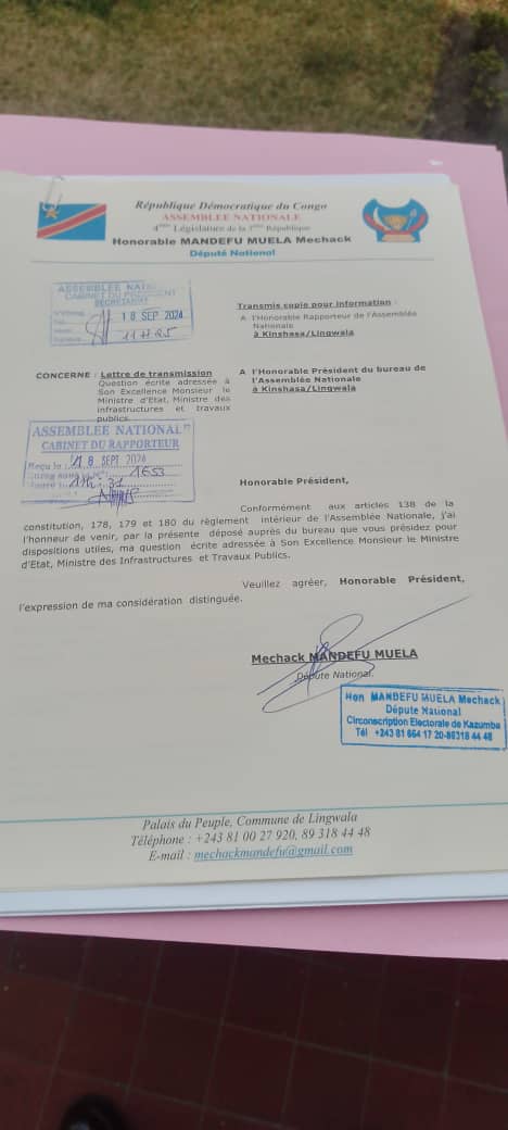 #RDC #CONTROLE #PARLEMENTAIRE
Dans le cadre de notre mission de contrôle parlementaire, nous avons jugé nécessaire de demander des clarifications sur les modalités de mutation contractuelle entre la société TOHA INVESTMENT  et l’entreprise chinoise chargée des travaux sur la