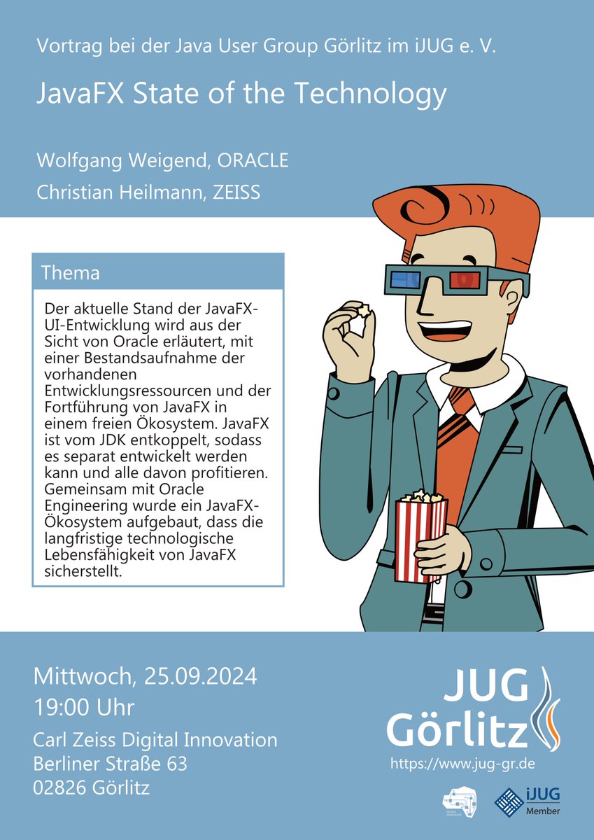 JUG Görlitz (@jug_gr) on Twitter photo Nächsten Mittwoch freuen wir uns auf die JUG mit einem Doppelvortrag von <a href="/wolflook/">Wolfgang Weigend</a> und Christian Heilmann zum Thema JavaFX!
25. September 2024, 19 Uhr bei <a href="/ZEISS_di/">ZEISS Digital Innovation</a> Görlitz!
Kommt gern vorbei uns sagt es weiter!
Alle Infos findet ihr auf unserer Website: jug-gr.de/talks/2024-09-… Nächsten Mittwoch freuen wir uns auf die JUG mit einem Doppelvortrag von <a href="/wolflook/">Wolfgang Weigend</a> und Christian Heilmann zum Thema JavaFX!
25. September 2024, 19 Uhr bei <a href="/ZEISS_di/">ZEISS Digital Innovation</a> Görlitz!
Kommt gern vorbei uns sagt es weiter!
Alle Infos findet ihr auf unserer Website: jug-gr.de/talks/2024-09-…