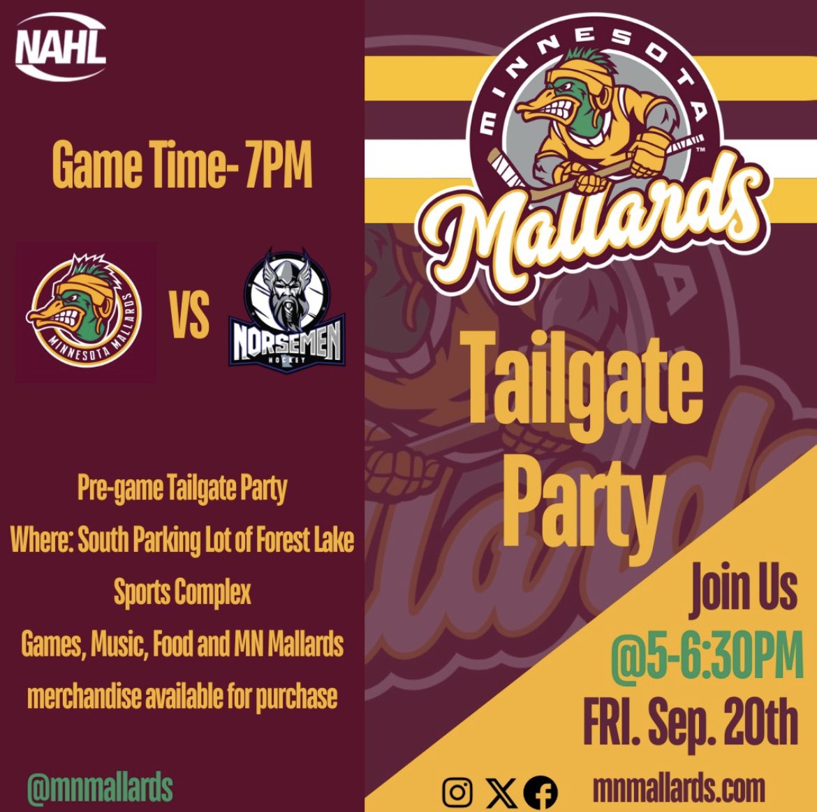 Join us for a pre-game tailgate before the Mallards take on the Norsemen, Friday, September 20th at 7 PM! Head to the South Parking Lot of Forest Lake Sports Complex from 5-6:30 PM for games, music, food, and Mallards gear! #JoinTheFlock #FlyMallardsFly