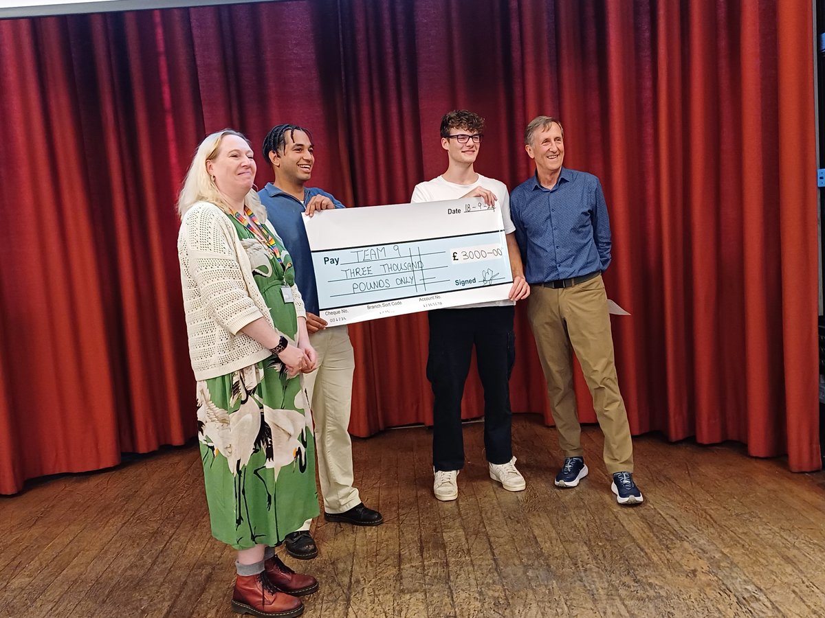 CONGRATULATIONS to Team 9 who have been declared the winners with their 'Clean drinking water for all' proposal. APVC Prof Annela Seddon (left) and Aegis Prof John Thompson (right) present Archie Soares-Mullen and Aidan Meazzo with the requisite giant cheque!