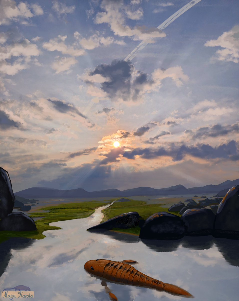 MaijaKarala's tweet photo. I don’t usually have the time to get on paleoart bandwagons these days, but this was just too cool to miss: Earth might have briefly had a ring back in the Ordovician.

At the time, dry land was just starting to green and sea scorpions were among the largest animals around. https://t.co/uk2eJvnXPp