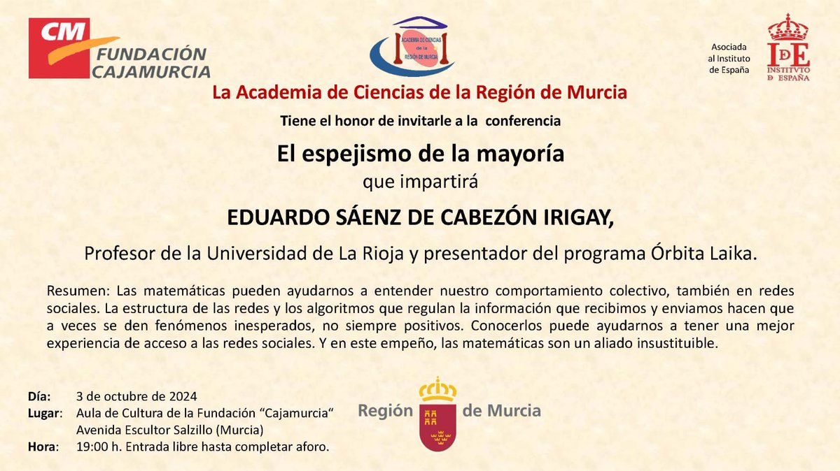 El jueves 3 de octubre, el gran Eduardo Sáenz de Cabezón impartirá una charla muy interesante titulada “El espejismo de la mayoría”. ¡No os la perdáis!