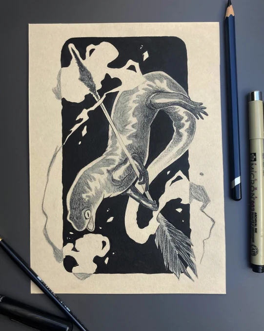 Arrow of Fire, stoked by the salamander's flame // Arrow of Poison, soaked in the viper's venom // Arrow of Lightning, guided by the weasel's guile // (ink &amp; watercolour pencil) 