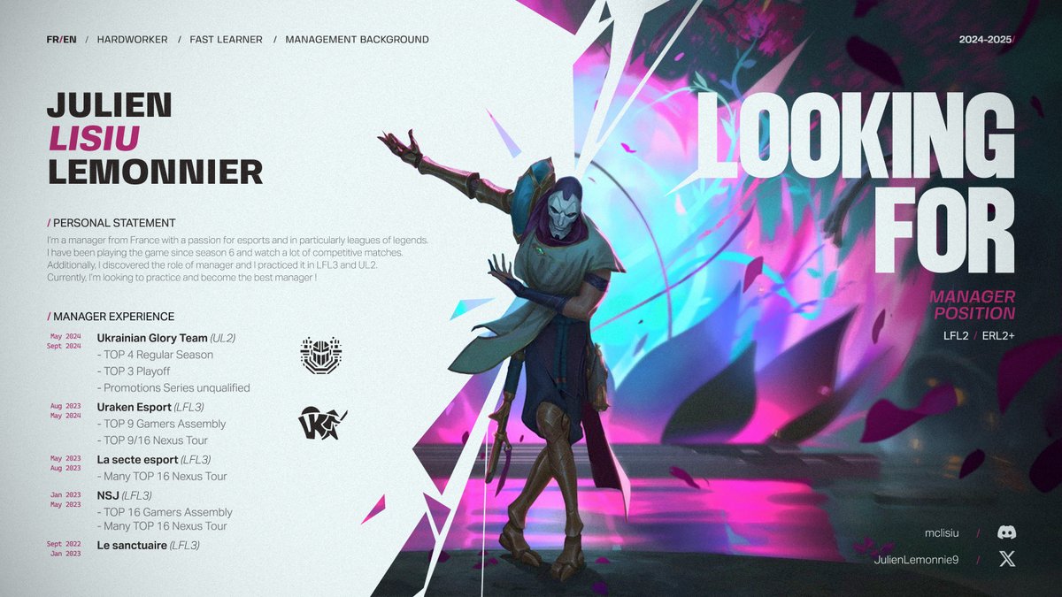 Hello !  

After a good split with @UGT_lol , I'm LFT for 2025 season as Manager. 
Interested in any LFL2/ERL2+ project but willing to listen to any serious project. 
I'm available for talking by dm at any time.
❤️&amp; 🔄appreciated