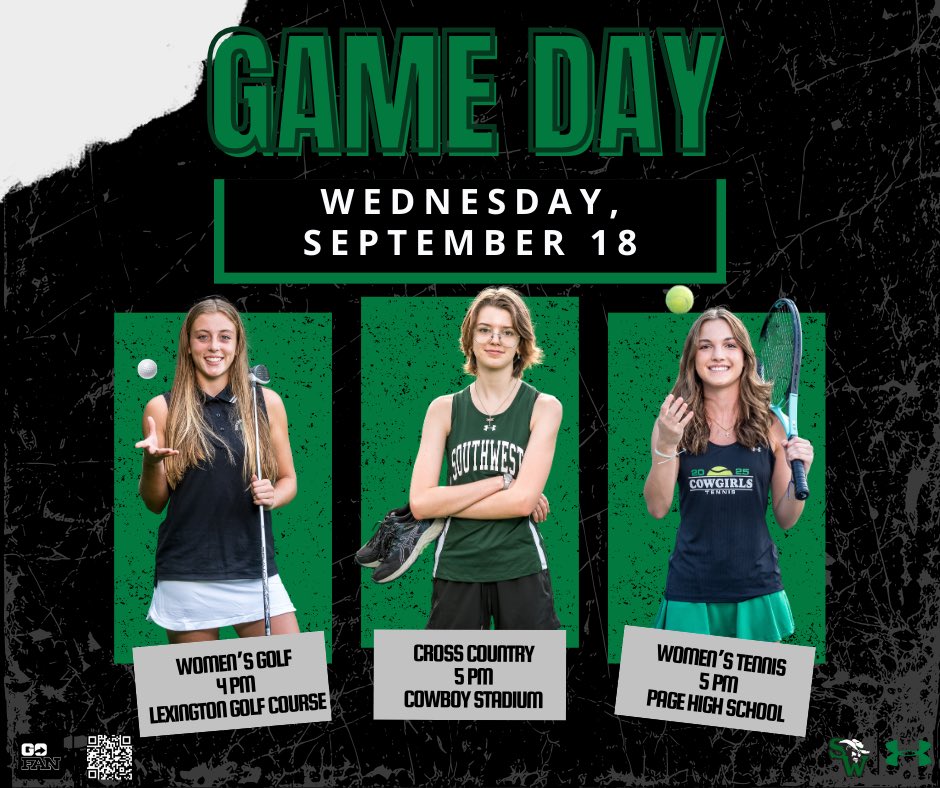 It’s GAME DAY!
We have some great match-ups today, weather permitting! 
Women’s Golf at 4 PM @ Lexington Golf Course
Cross Country at 5 PM @ Home
Women’s Tennis at 5 PM @ Page 

Get your tickets on GoFan!
#gocowboys #cowboystrong #swghsathletics