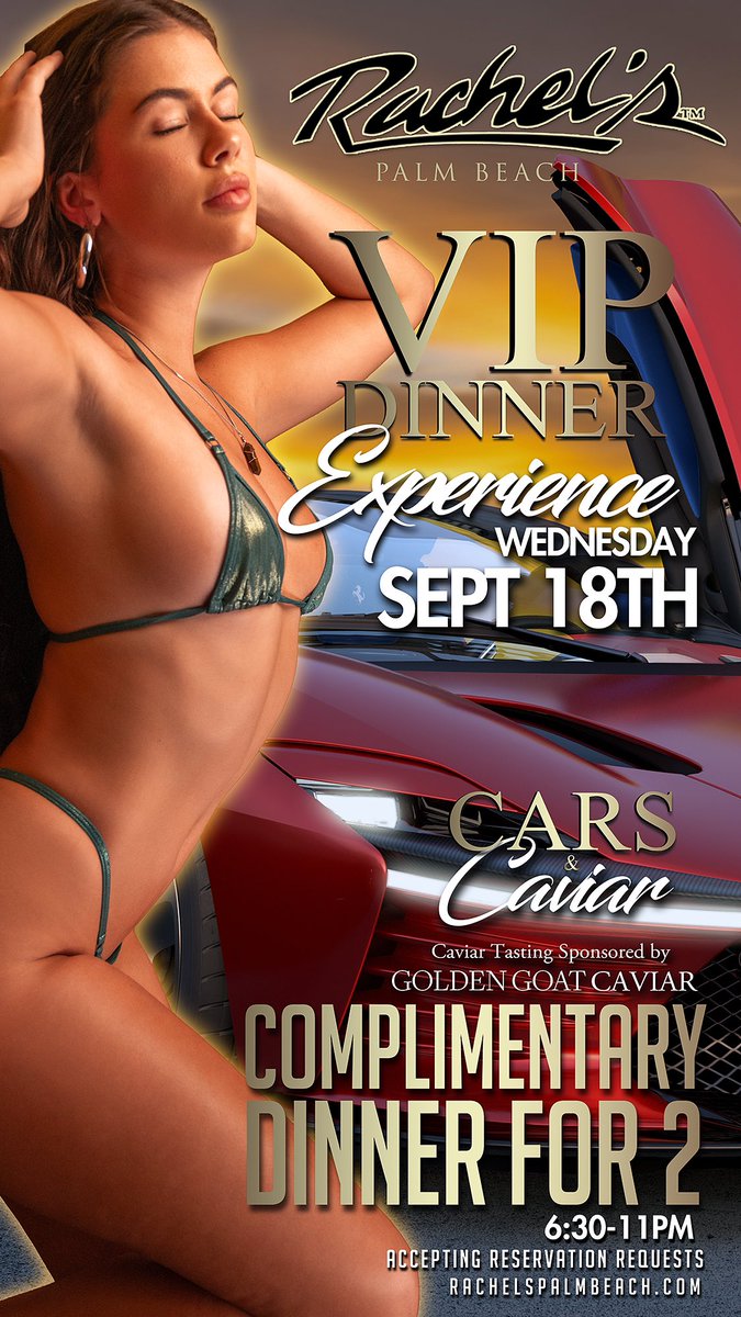 RachelsPB's tweet image. Tonight! Join us for our VIP Dinner and Cars &amp;amp; Caviar 

Check out some of the hottest rides in South Florida along with a caviar tasting courtesy of Golden Goat Caviar

🍾🥂Half Off drinks bottles and Wagyu steaks 🥩

You doing want to miss this party 

Reserve your spot now!